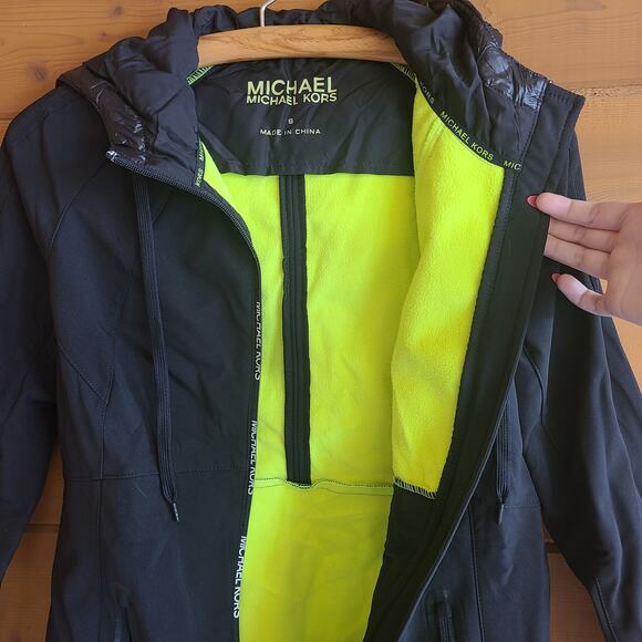 Michael Kors Black Neon Yellow Rain Jacket Quilted Puffer Hood Zip Reflective S - Picture 3 of 4